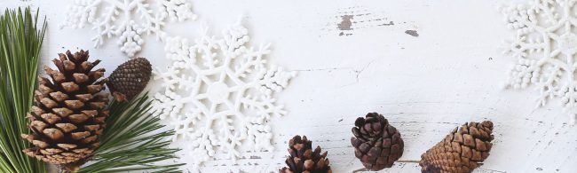 Weihnachtliche Dekoration mit Tannenzapfen und Schneeflocken auf weißem Holzhintergrund.