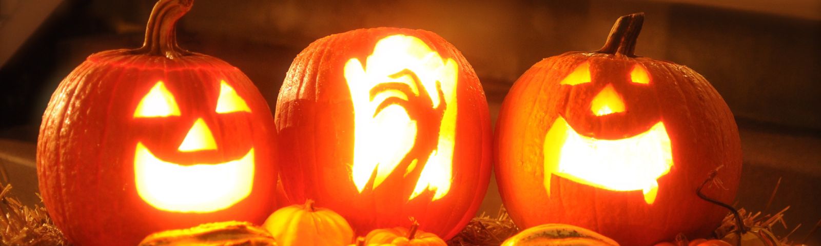 BF-Pompoenrisotto-1600×480 Beleuchtete Halloween-Kürbisse mit Gesichtern und kleineren Kürbissen im Vordergrund.