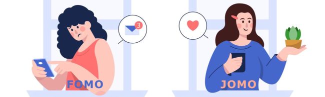 FOMO vs. JOMO: Stress durch Benachrichtigungen vs. Gelassenheit mit der Natur.