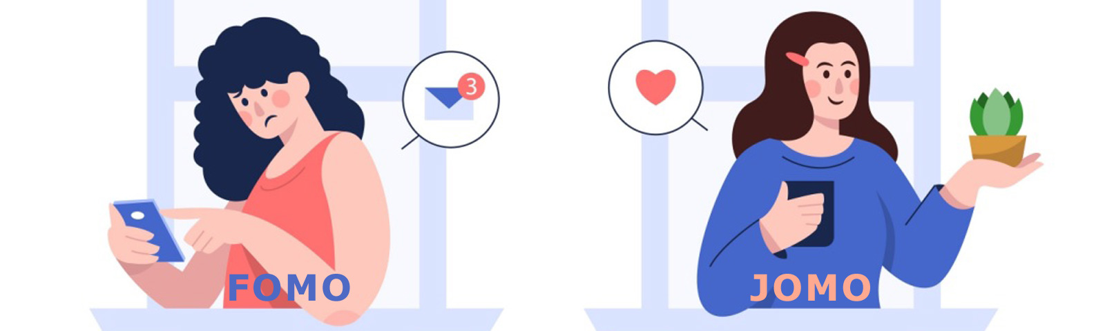 FOMO vs. JOMO: Stress durch Benachrichtigungen vs. Gelassenheit mit der Natur.