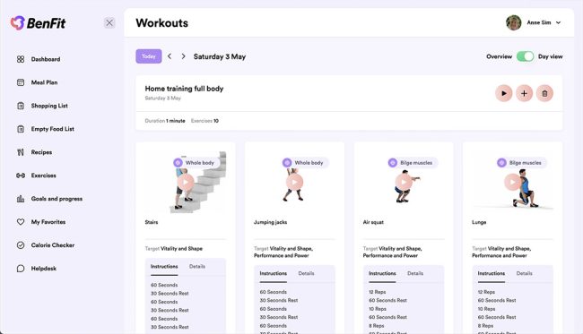 BenFit Fitness App: Trainingsplan mit Treppen, Hampelmännern, Kniebeugen, Ausfallschritten. Mit Essensplanung & Tracking.