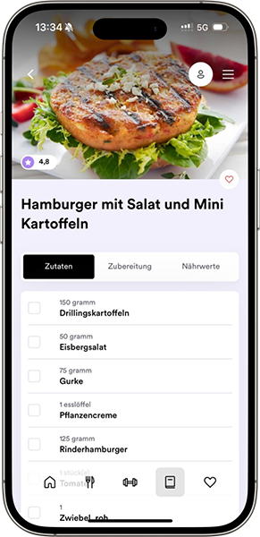 Rezept für gesunden Hamburger mit Salat & Mini-Kartoffeln in unserer Fitness-Ernährungs-App. Lecker & proteinreich.