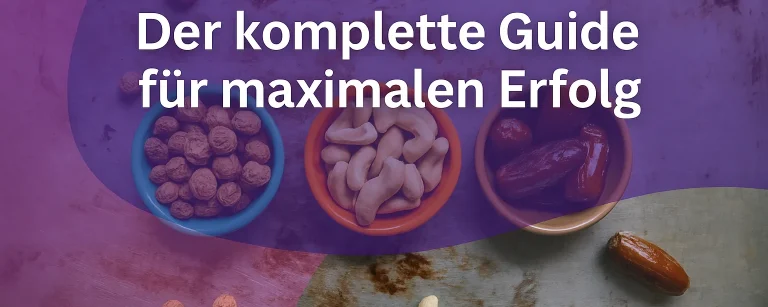 Drei Schalen mit gesunden Snacks wie Nüssen und Datteln für das Essensfenster beim Intervallfasten 14/10.