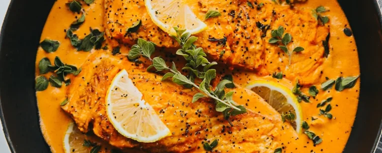 Proteinreicher Lachs in cremiger Zitronen-Kräuter-Soße, garniert mit frischen Kräutern. Eine gesunde und nährstoffreiche Mahlzeit, reich an Omega-3-Fettsäuren, perfekt für Fitness-Ernährung und einen aktiven Lebensstil.