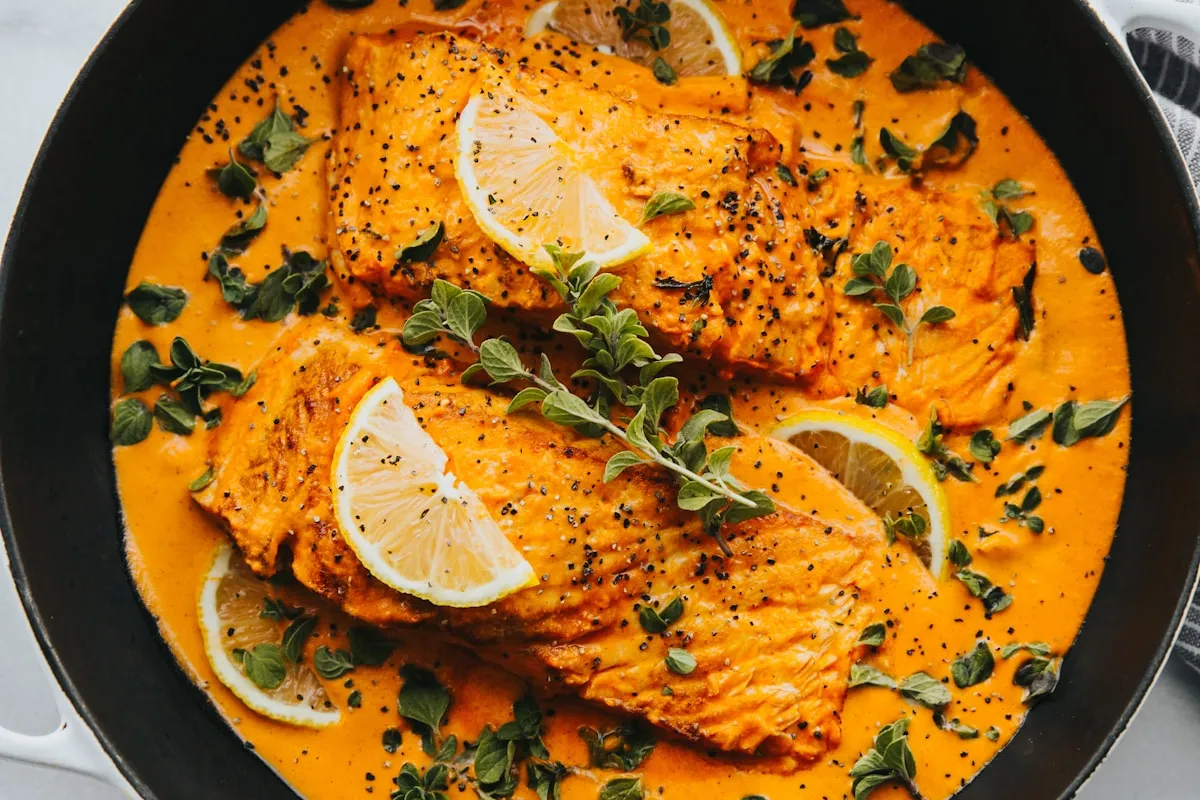 unsplash-regional-saisonal Proteinreicher Lachs in cremiger Zitronen-Kräuter-Soße, garniert mit frischen Kräutern. Eine gesunde und nährstoffreiche Mahlzeit, reich an Omega-3-Fettsäuren, perfekt für Fitness-Ernährung und einen aktiven Lebensstil.