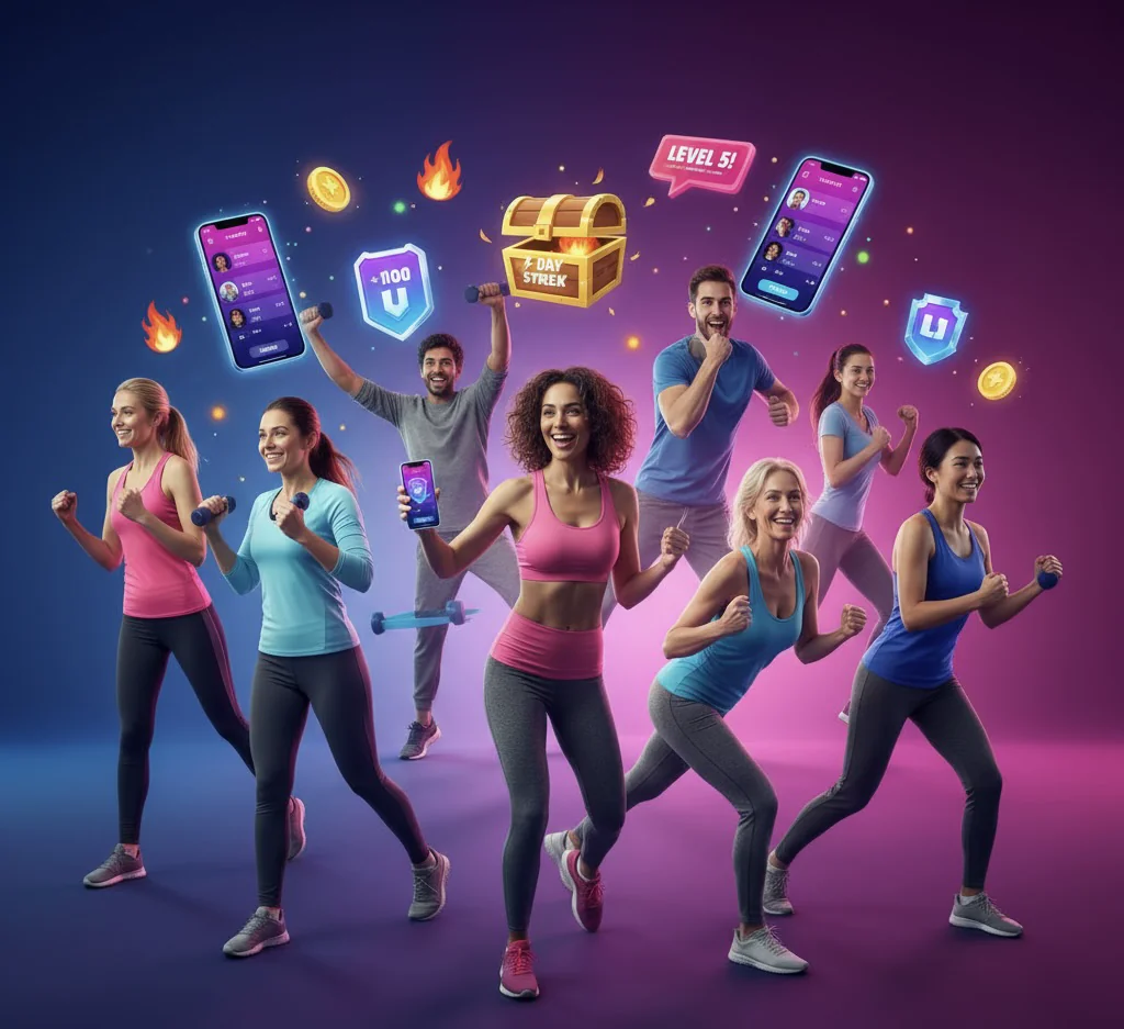 fitness-app-gamification-motivation-achievements Entdecken Sie, wie Gamification in Fitness-Apps Ihre Motivation steigert. Diverse Menschen nutzen Apps mit Belohnungen, Achievements und Challenges für nachhaltigen Trainingserfolg. Überwinden Sie den inneren Schweinehund mit spielerischen Elementen.