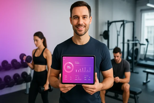 Ein professioneller Fitnesstrainer präsentiert eine moderne Fitnessstudio-App auf einem Tablet, während im Hintergrund Mitglieder in einem gut ausgestatteten Gym trainieren.